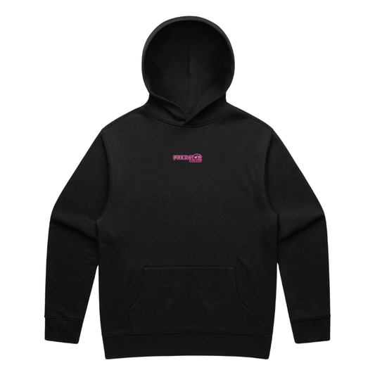Black hoodie with a pink logo on a white background